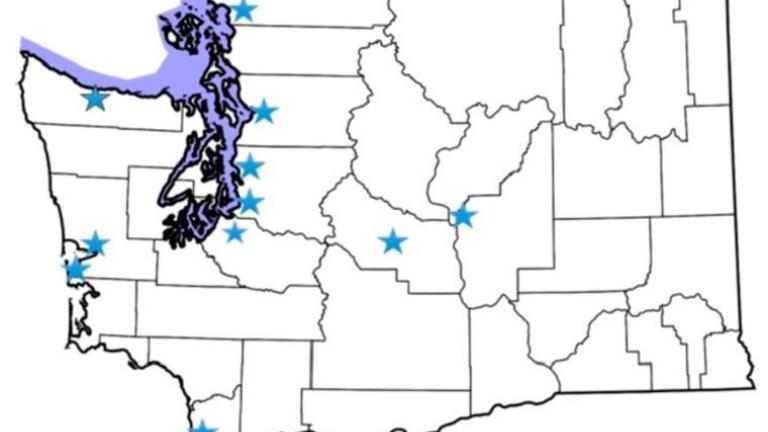Map of WA State with stars indicating locations of health disparities listening sessions