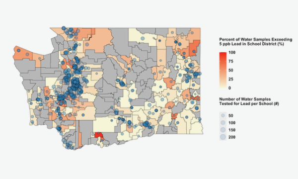 A map shaded in grey, blue, and yellow showing schools sampled